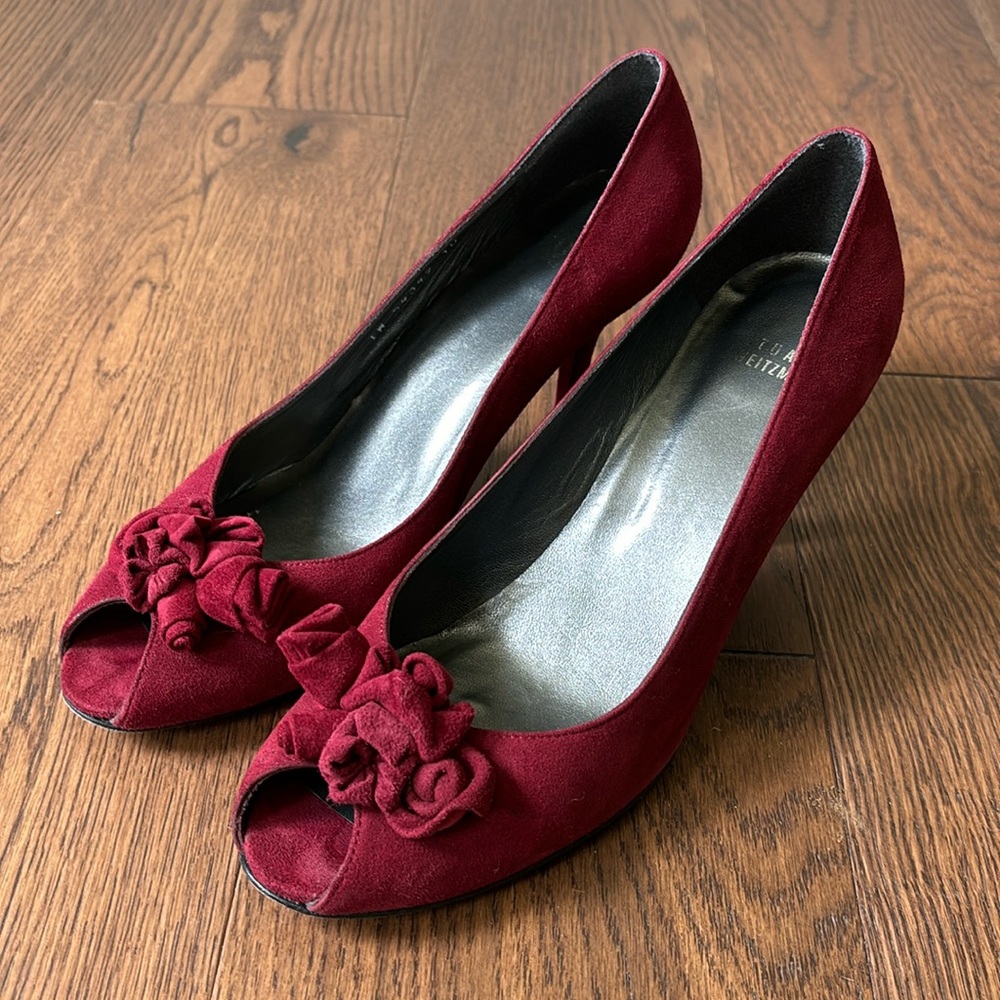 Stuart Weitzman red suede peep toe pumps